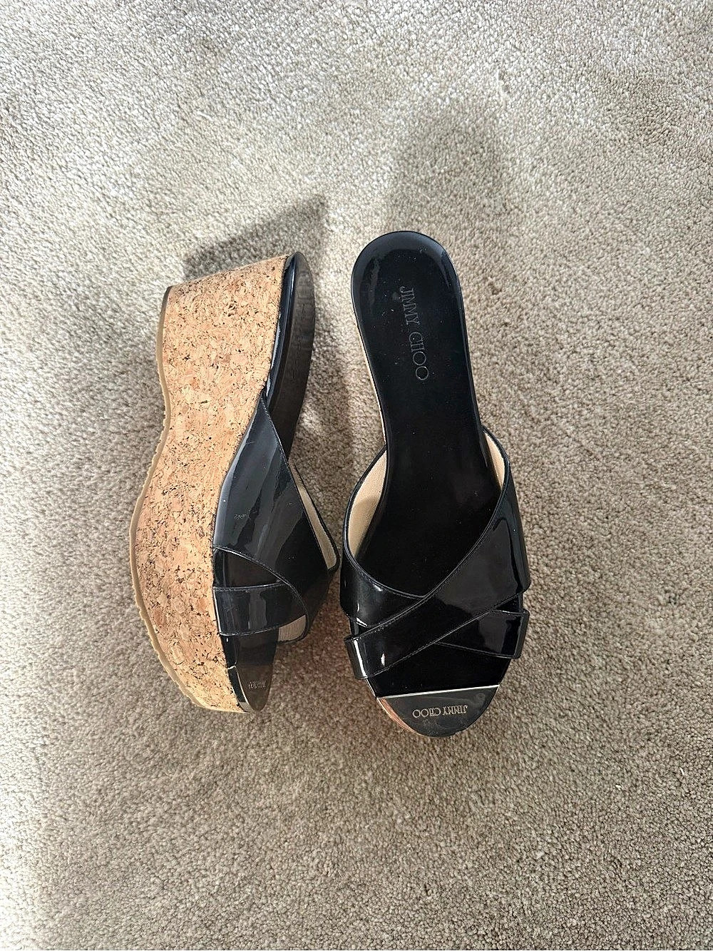 Jimmy Choo Patent Leather Cork Wedge Sandals